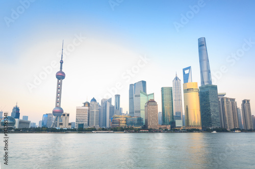 New Pudong skyline, looking across the Huangpu River from the Bund, Shanghai, China, Asia © clearjade