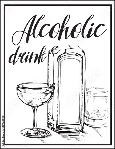 Vector image of alcohol drink , glass and bottle.