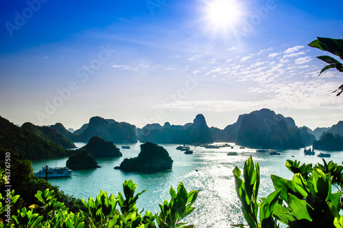 View on limestone Islands by Halong bay in Vietnam photo