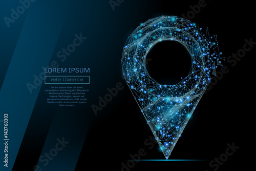 Abstract image of a pin in the form of a starry sky or space, consisting of points, lines, and shapes in the form of planets, stars and the universe. Vector wireframe concept.