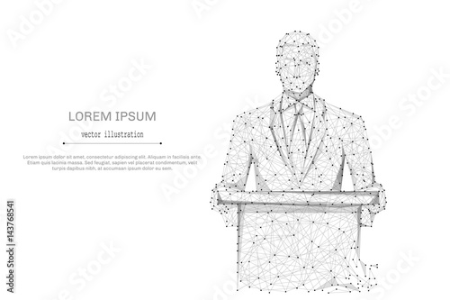 Abstract mash line and point business man standing behind rostrum on white background with an inscription. Starry sky or space, consisting of stars and the universe. Vector business illustration