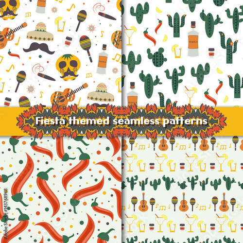 Fiesta seamless patterns set with traditional Mexican symbols