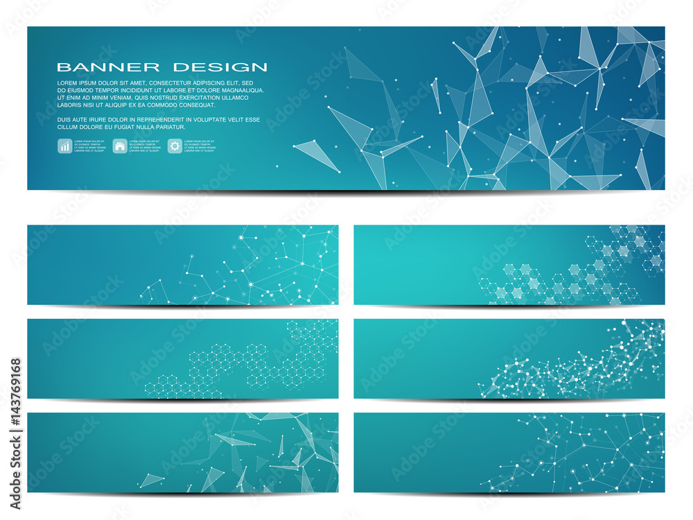 Set of modern scientific banners. Molecular structure of DNA and neurons. Geometric abstract background. Medicine, science, technology, business and website templates. Vector illustration