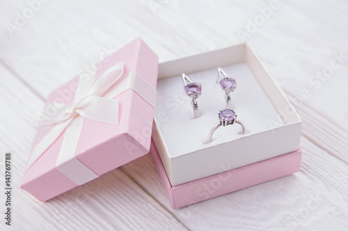 Silver ring and earrings amethyst in the gift box