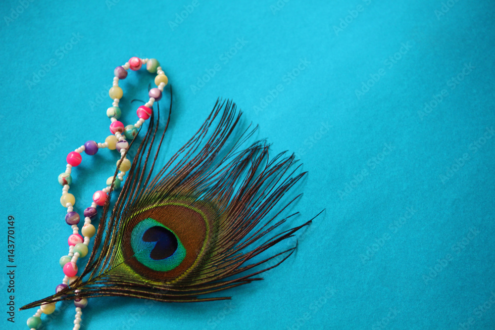 pearl necklace and peacock feather on blue background Stock Photo | Adobe  Stock