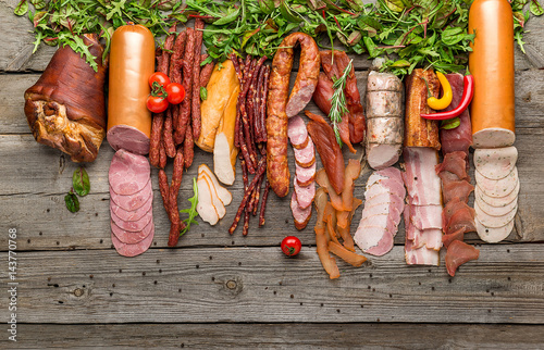 Fototapeta Assortment of cold meats, variety of processed cold meat products