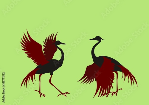 Silhouettes of 2 dancing Crane crane birds illustration