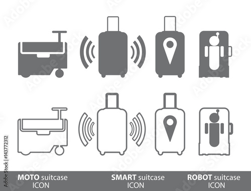 Moto suitcase, smart bag and robot case. The future of baggage. Vector icon.