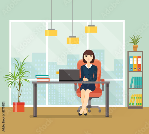 Office workplace with table, bookcase, window. Business woman or a clerk working at her office desk. Vector flat illustration