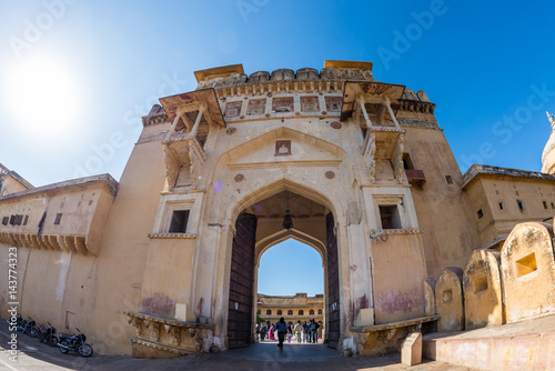 The impressive landscape and cityscape at Amber Fort, famous travel destination in Jaipur, Rajasthan, India. Fish eye ultra wide angle view from below, in backlight. © fabio lamanna