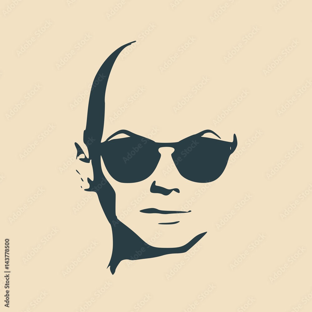 Portrait of beautiful woman in black sunglasses. Without hair. Vector version. Front view. Bald head