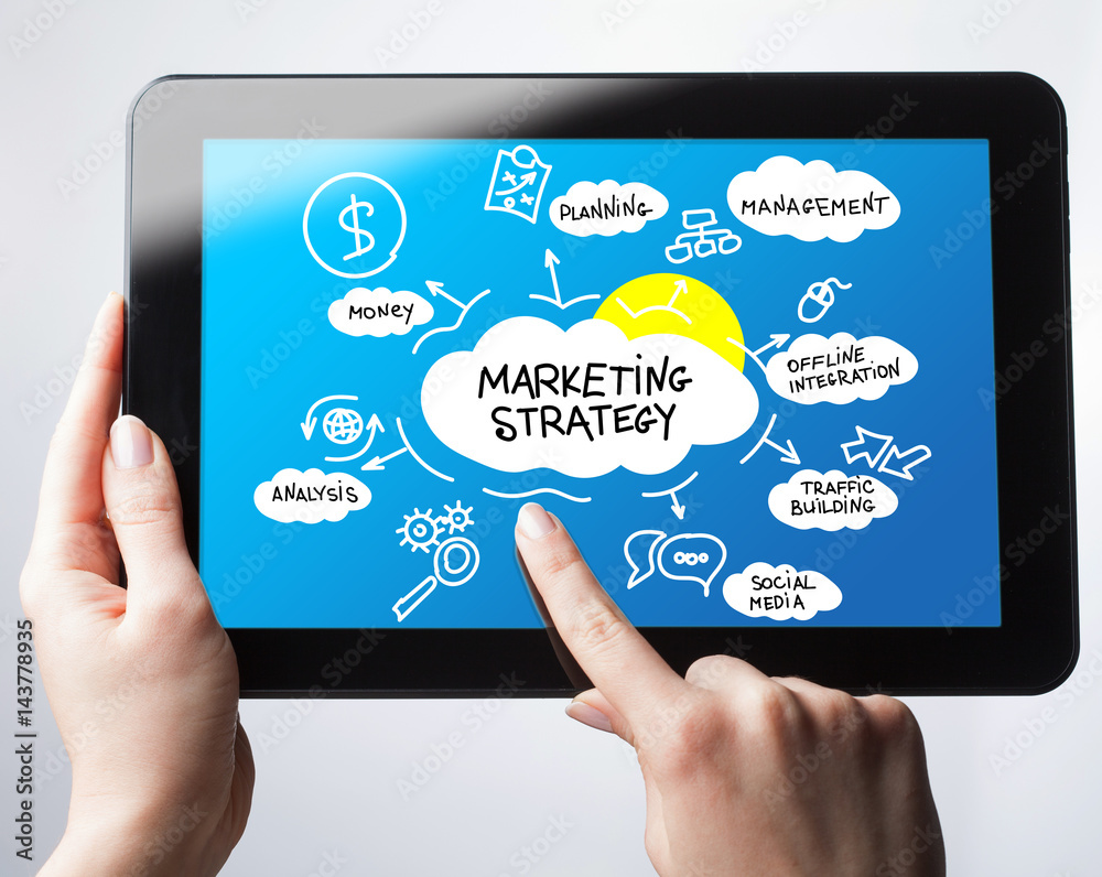Business, Technology, Internet and network concept. Young man pointing at Marketing Plan concept