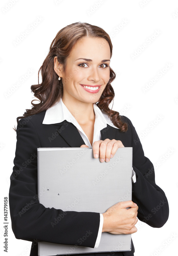 Businesswoman with grey folder, isolated Businesswoman with grey folder, isolated