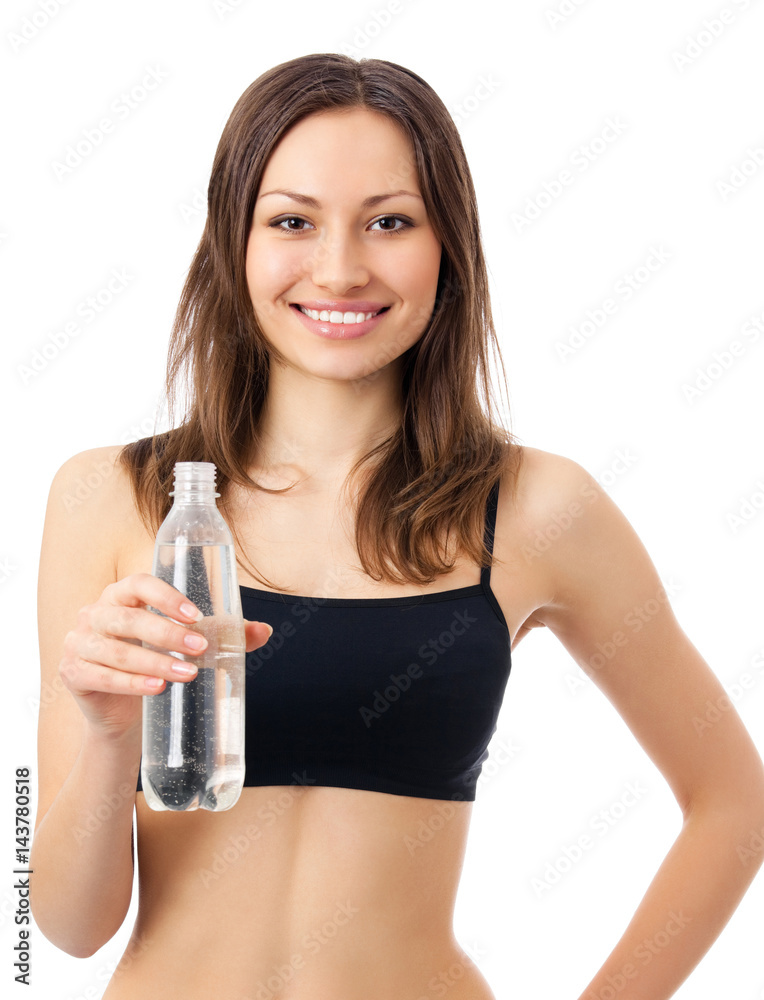 Woman in fitness wear with water, isolated