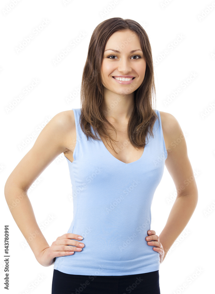 Smiling woman in fitness wear, isolated Smiling woman in fitness wear, isolated