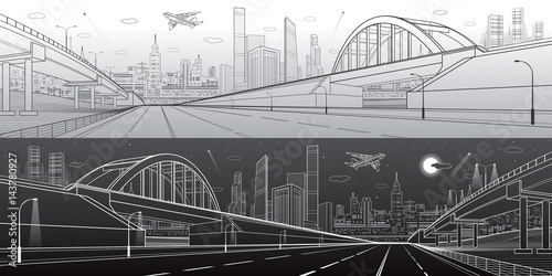 Railway bridge, empty highway, road overpass. Urban infrastructure, modern city on background, industrial architecture, towers and skyscrapers. Day and night scene, vector design art 