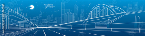 Railway bridge, empty highway, road overpass. Urban infrastructure, modern city on background, industrial architecture, towers and skyscrapers. White lines image, night scene, vector design art 