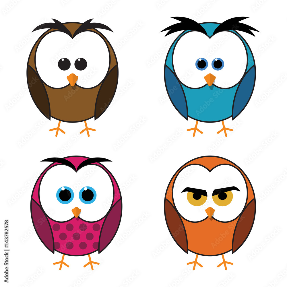 Set of four owls isolated on white background. Flat icons Set of four owls isolated on white background. Flat icons