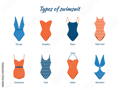 Vector Illustration of one piece swimsuits. Various types of women beach clothes. Modern and retro models.
