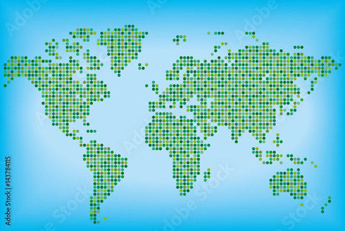 Карта мира зеленого цвета из круглых точек. Векторная иллюстрация.