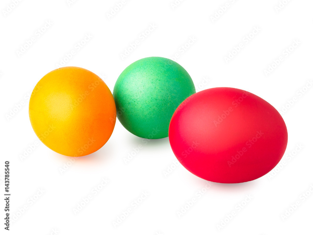 Colorful easter eggs isolated on a white background. Traditional Slavic, Russian, Ukrainian festive homemade, painted chicken eggs for the celebration of Orthodox Easter.