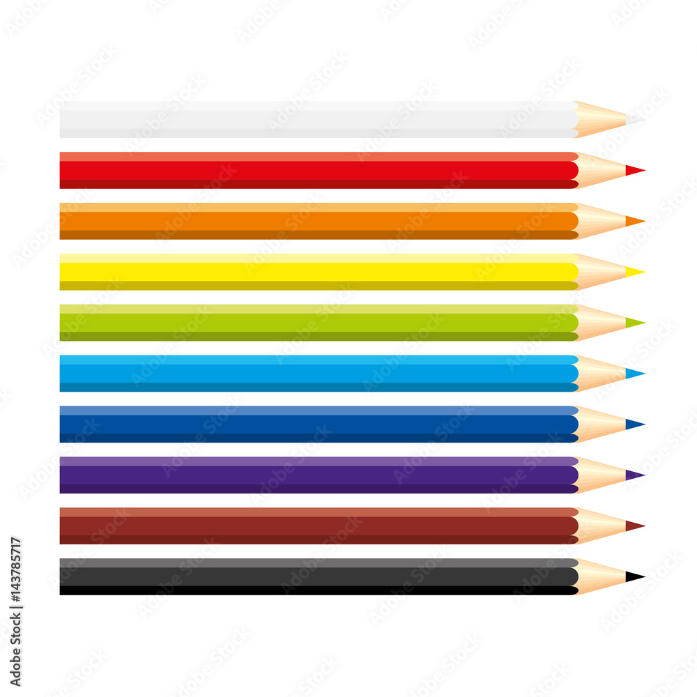 Coloured pencils vector graphic. Yellow, orange, red, pink, purple, blue  and green colored pencil, isolated on white background. Rainbow pencils.  Stock Vector