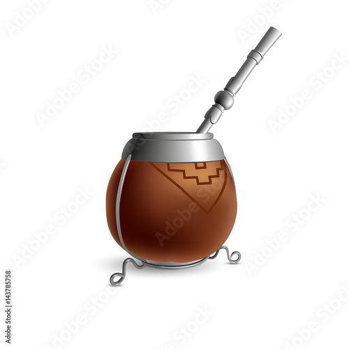 Isolated colored realistic brown calabash for yerba mate, paraguay tea with prop and metal syphon stick bombilla with shadow on white background.