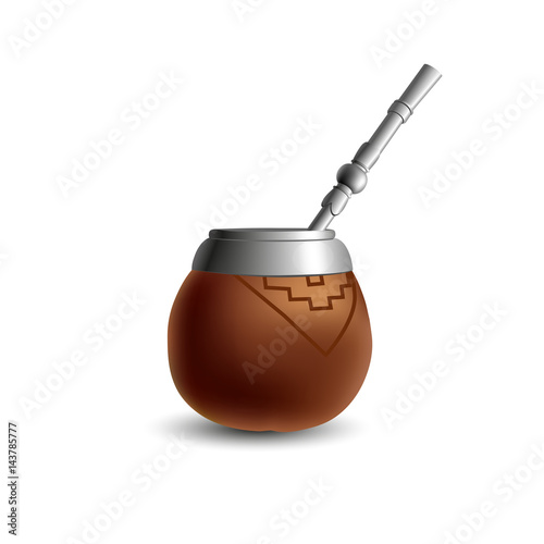 Isolated colored realistic brown calabash for yerba mate, paraguay tea and metal syphon stick bombilla with shadow on white background.