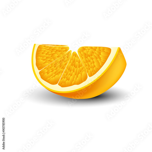 Isolated realistic colored slice of juicy orange with shadow on white background.