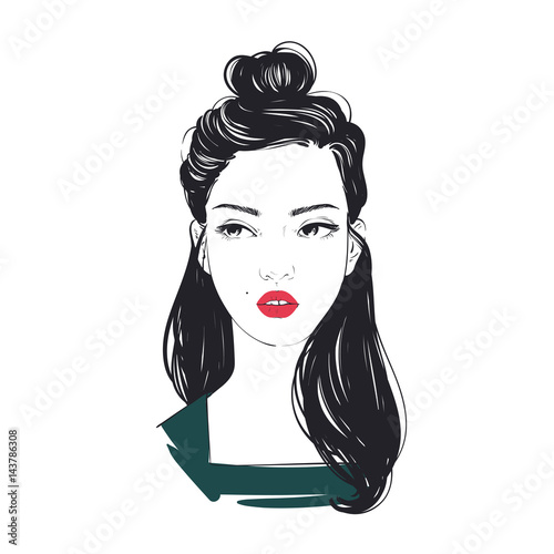 Portrait of young beautiful woman with trendy beam hairstyle. Vector hand drawn illustration.