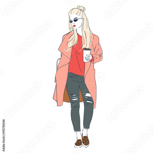 Beautiful hipster young blonde with trend beam hairstyle women in a fashion jacket in glasses with coffee. Vector illustration.