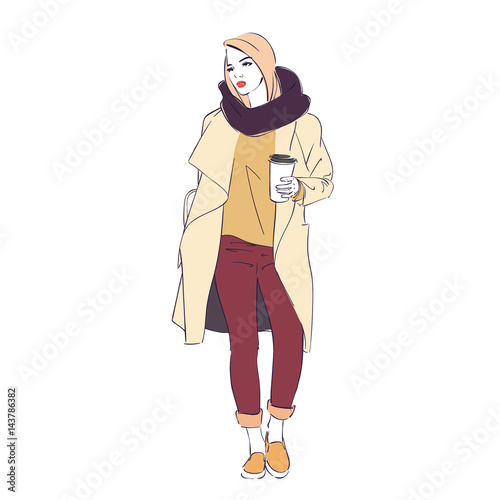 Beautiful hipster young blonde women in a fashion jacket in scarf with coffee. Vector illustration.