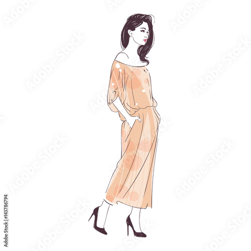 Beautiful hipster long hair young woman in summer dress on high heels. Hand drawn illustration. Vector illustration.