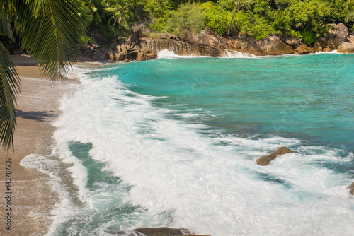 Ocean wave on a wild sandy beach on the Anse Major, Mahe Island, Seychelles, Indian Ocean, Easter Africa