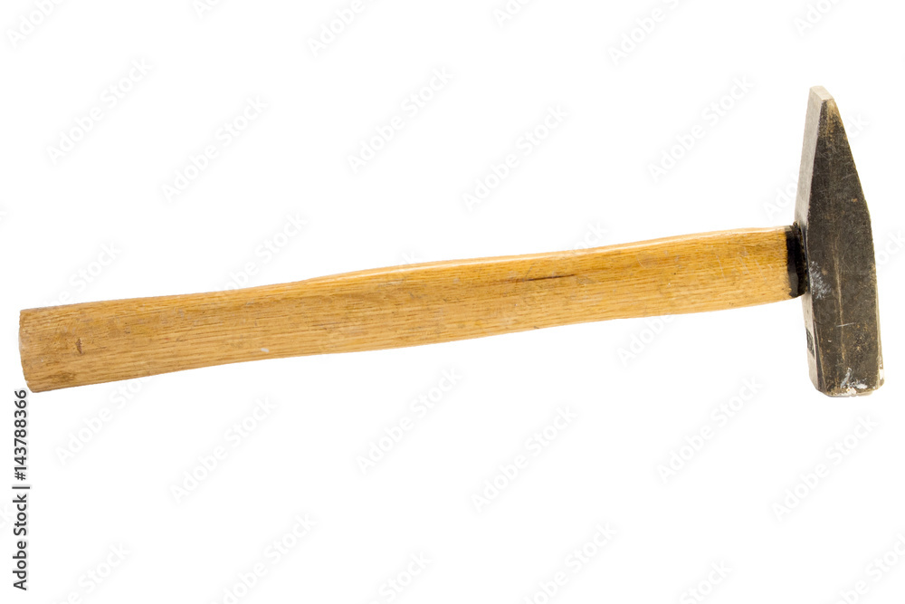 Old used hammer with wooden handle, metal head isolated on white Old used hammer with wooden handle, metal head isolated on white