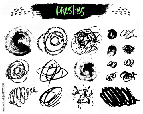 Vector Set of brush acrylic strokes, blot, wave, letter, splashes. Black color on white background. Hand painted grange elements. Ink drawing. Dirty artistic design .