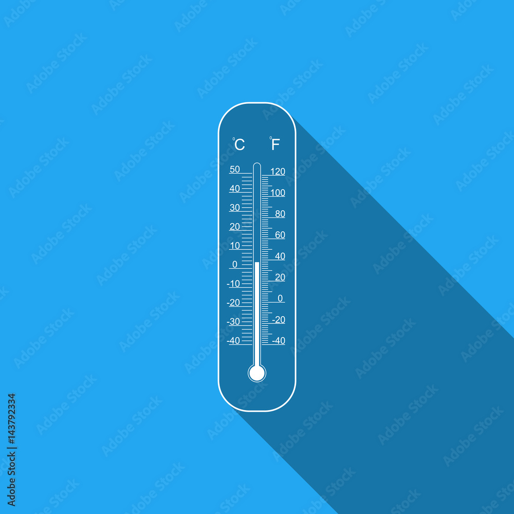 Celsius and fahrenheit meteorology thermometers measuring heat and cold flat icon with long shadow. Thermometer equipment showing hot or cold weather. Vector Illustration Celsius and fahrenheit meteorology thermometers measuring heat and cold flat icon with long shadow. Thermometer equipment showing hot or cold weather. Vector Illustration