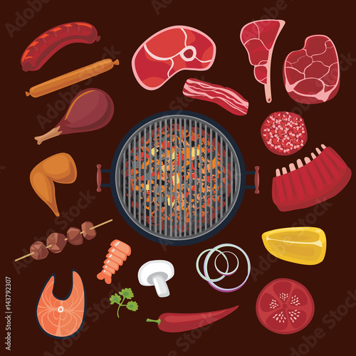 Barbeque ingredients set. Cartoon icons collection for BBQ