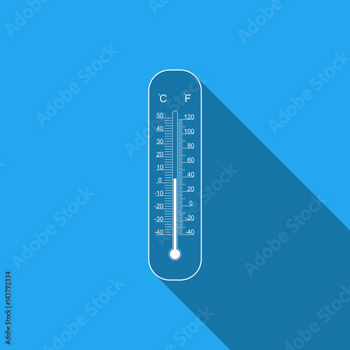 Celsius and fahrenheit meteorology thermometers measuring heat and cold flat icon with long shadow. Thermometer equipment showing hot or cold weather. Vector Illustration