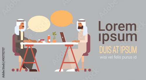 Arab Business Man Talking Discussing Chat Communication Sitting at Office Desk Flat Vector Illustration