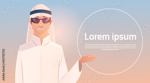 Arab Man Show Hand To Copy Space, Islam Businessman Wearing Traditional Clothes Flat Vector Illustration
