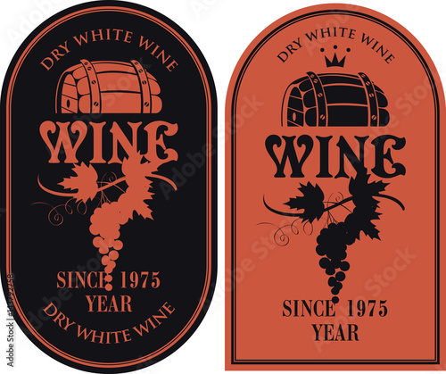 set of vector labels for wine with barrel and bunch of grapes in retro style in red and black colors