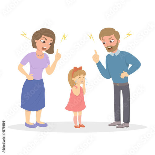 Parents abuse the girl. Angry mom and dad yell at little scared kid. Characters on white background. Children's abusing.