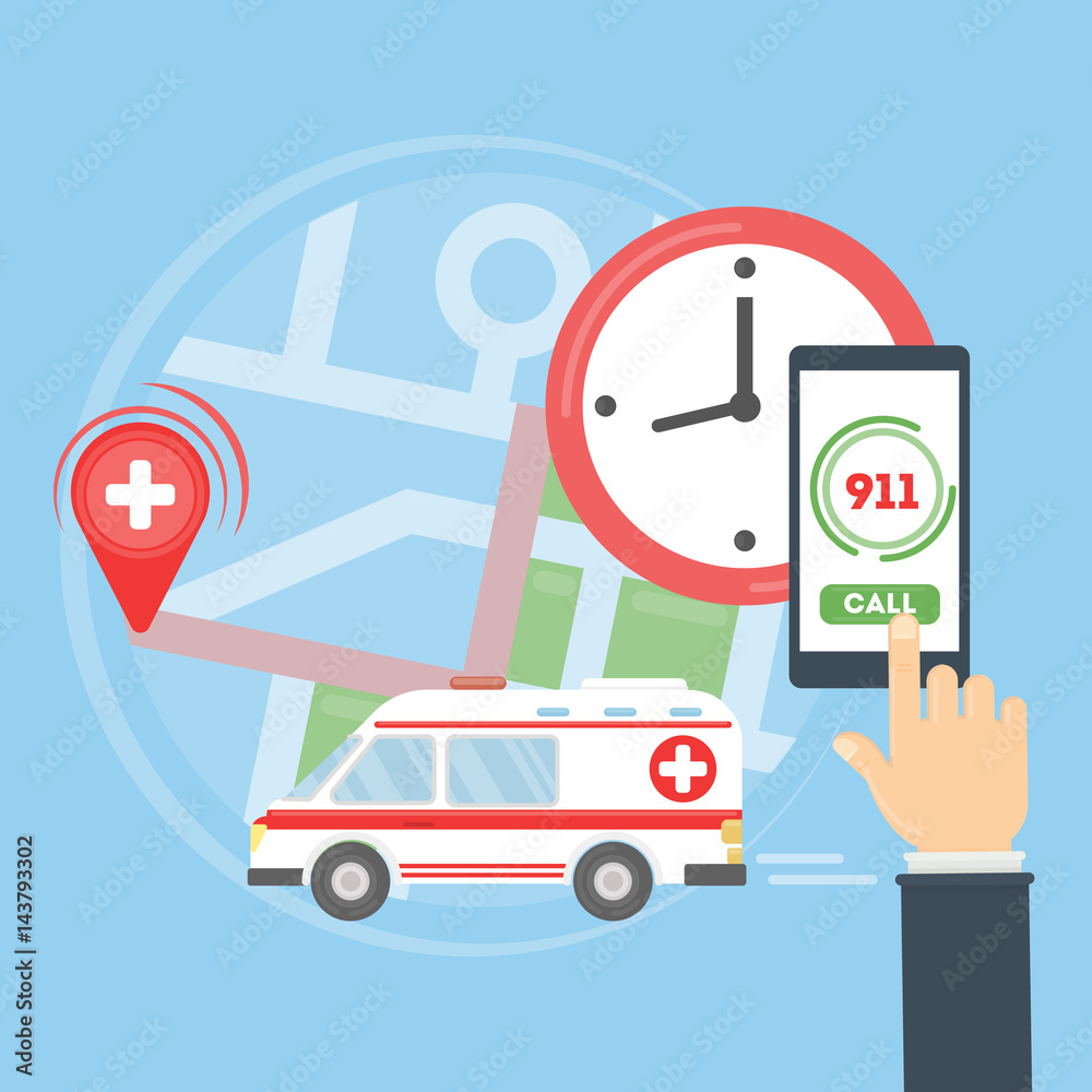 Call the ambulance. Map with ambulance car. Person holds smartphone and calls the first aid. 911 rescue. Call the ambulance. Map with ambulance car. Person holds smartphone and calls the first aid. 911 rescue.