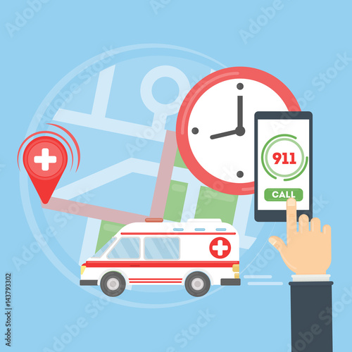 Call the ambulance. Map with ambulance car. Person holds smartphone and calls the first aid. 911 rescue.