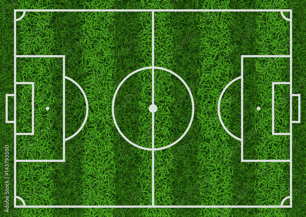 Top view of textured green grass striped soccer field, vector illustration. Top view of textured green grass striped soccer field, vector illustration.