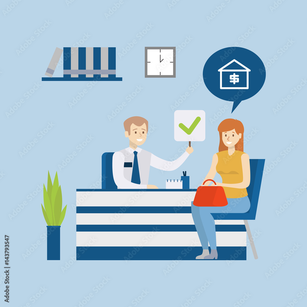 Home loan in bank. Woman sits in office and gets redit or a new house. Male worker. Home loan in bank. Woman sits in office and gets redit or a new house. Male worker.