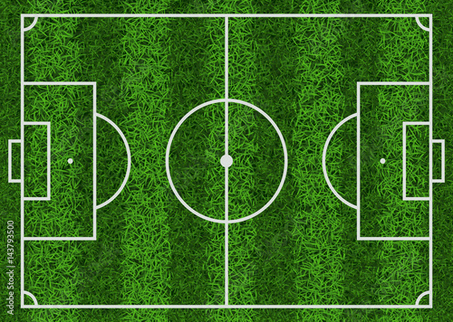 Top view of textured green grass striped soccer field, vector illustration.