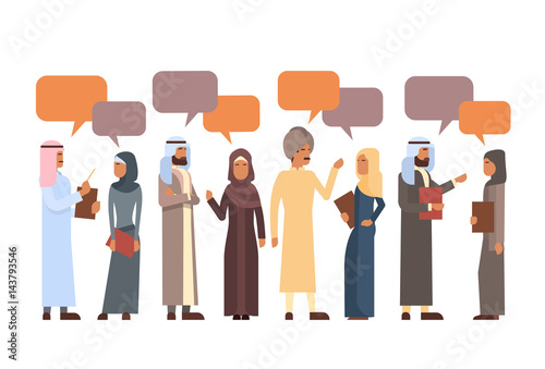Arab People Group Chat Bubble Communication Concept Muslim Talking Arabic Social Network Flat Vector Illustration