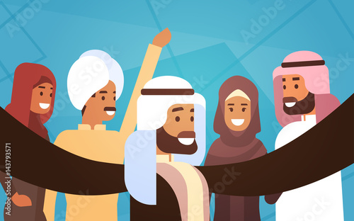 Muslim People Crown Man and Woman Traditional Clothes Arabic Characters Flat Vector Illustration